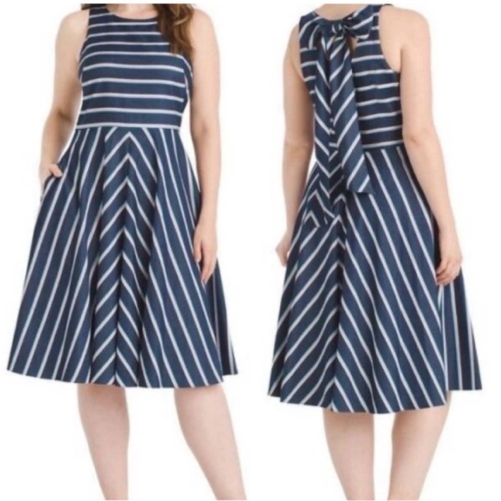 NWT. Eliza J 8 Stripe Fit & Flare Dress Tie Back.
